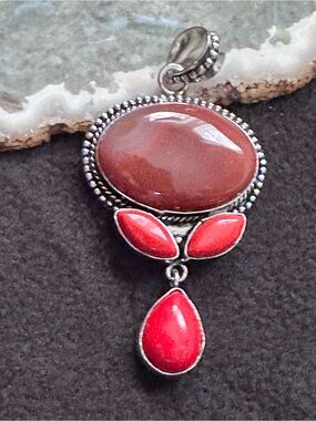 Artisan Red Carnelian Agate and Red Coral Accent Stones Drop Pendant Necklace